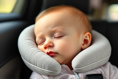 Baby sleeping peacefully in car seat with neck pillow.