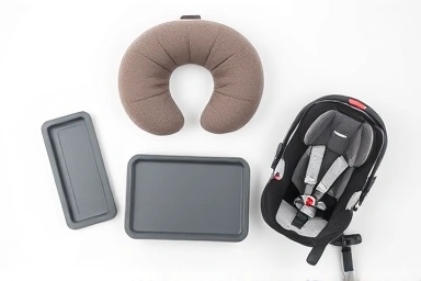 Car seat accessories: neck pillow, tray table, portable car seat.