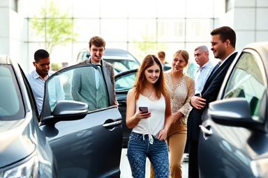Young adults choosing and experiencing different cars via subscription service.