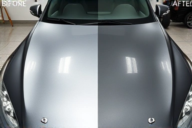 Split car hood: one side flawless gloss, the other with visible swirl marks.