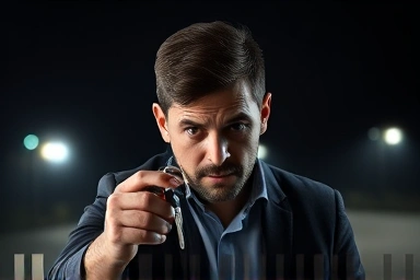 Stressed person, stolen car silhouette, insurance solution concept