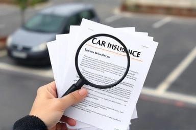 Car insurance documents, magnifying glass, secure parking lot