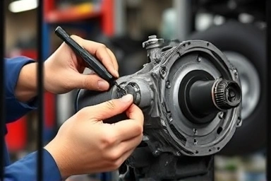 Mechanic inspecting car transmission, highlighting expert repair and diagnosis.