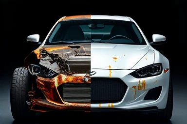 Symbolic contrast of rusted vs protected car chassis.