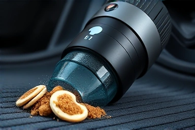 Powerful car vacuum cleaning dust and debris from car interior.