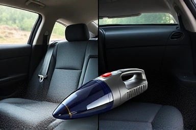 Before and after of a clean car interior with vacuum cleaner.