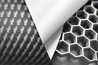 Close-up textures of automotive lightweight materials: carbon fiber, aluminum, magnesium.
