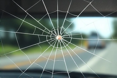 Close-up of cracked car windshield with stone chip