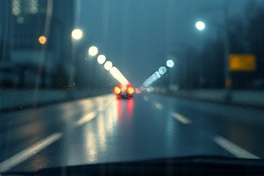 Car windshield wipers struggling on a rainy night, causing poor visibility.