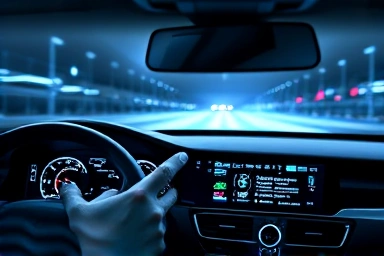 Futuristic car dashboard with interactive digital display.