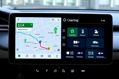 Car infotainment screen showing EV route and custom widgets.