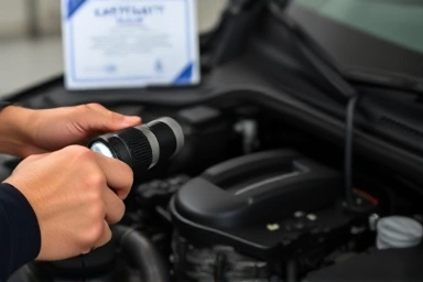 Mechanic inspecting certified used car engine, warranty assurance