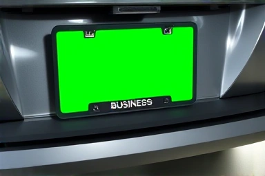 Close-up of a green license plate on a corporate vehicle.