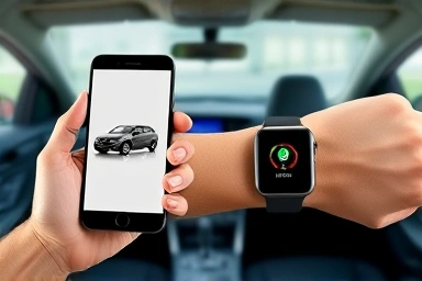 Smartphone and smartwatch controlling a car.