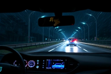 Car driving at night in rain with enhanced digital mirror view