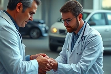 Doctor attending to patient after car accident.
