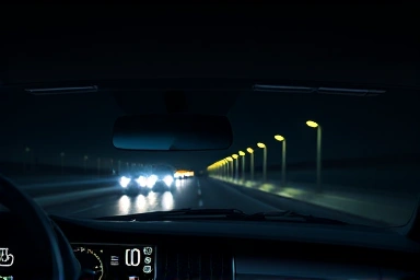 Driver's view at night with glare-free rearview mirror.