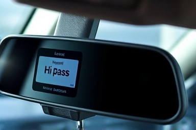 Integrated ECM Hi-Pass rearview mirror with dual functionality.