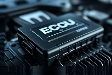Close-up of advanced engine control unit (ECU) with digital data streams.
