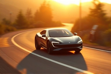 Modern electric car driving on a scenic road, symbolizing smooth break-in.