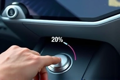 Hand on electric car accelerator, battery indicator showing optimal charge.