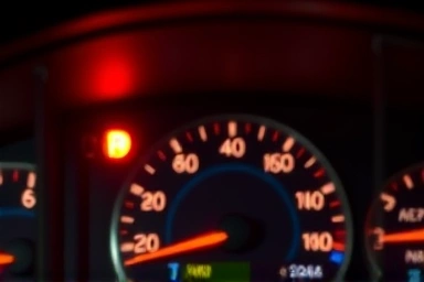 Car dashboard with illuminated engine warning light