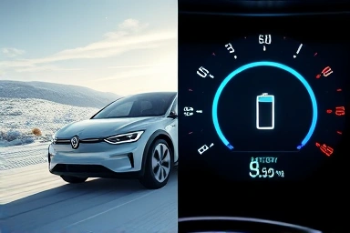 Electric car in snow with dashboard battery display