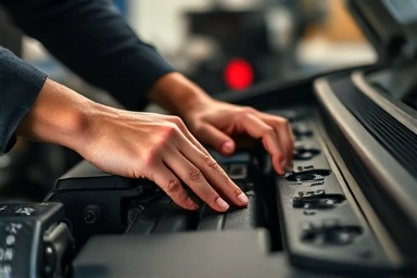 Skilled mechanic working on car engine with advanced diagnostic tools.