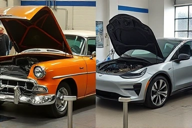 Evolution of car repair: vintage vs. modern electric vehicle inspection.