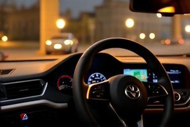 Modern car dashboard with navigation and controls.