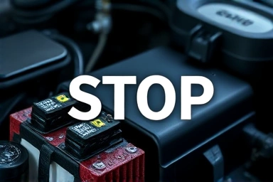 Floodwater droplets on car engine components, warning against starting.
