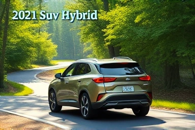 Sleek hybrid SUV driving on a scenic road, symbolizing efficiency.