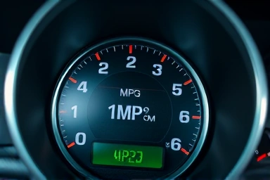 Car dashboard showing high fuel efficiency, representing savings.