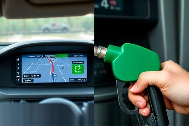 Navigation screen showing fuel-efficient route and dropping gas price.