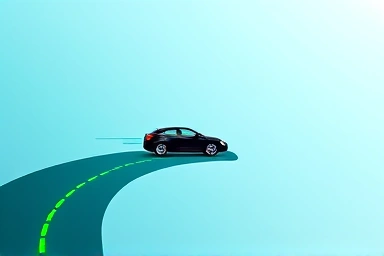 Car icon on a green energy road symbolizing fuel efficiency.