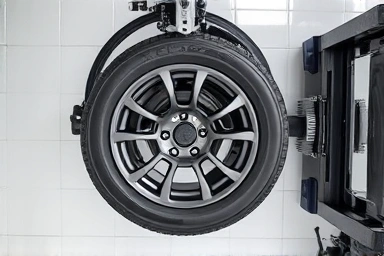 Car wheel balancing process in a repair shop.
