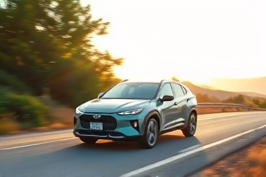 Serene hybrid car on scenic road, efficient driving.