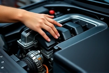Mechanic meticulously inspecting luxury car engine part.