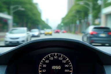 Car dashboard showing increased fuel efficiency with ISG indicator glowing.