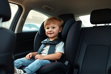 Child in a safe and comfortable junior car seat.