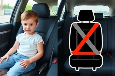 Correct vs. incorrect car seatbelt positioning for children.