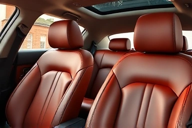 Luxurious car interior with clean leather seats.