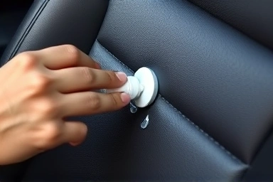 Hand applying leather conditioner to car seat.