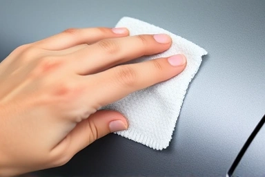 Close-up of hand gently cleaning matte car with microfiber.