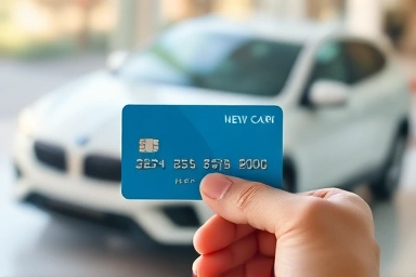 Credit card in hand with new car background