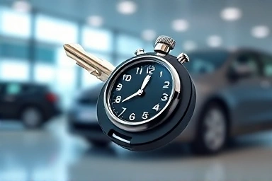 Car key with stopwatch, symbolic of quick car delivery.