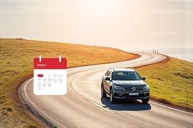 Road to new car with calendar overlay, time-sensitive car purchase.