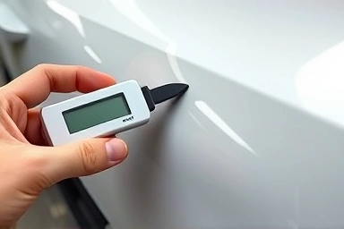 Car paint inspection with thickness gauge, quality check.