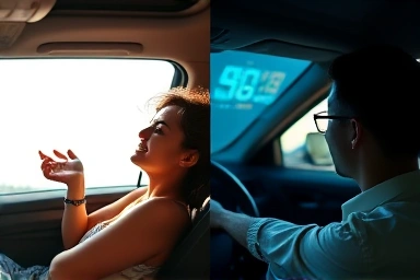 Car interior with split focus on comfort and HUD.