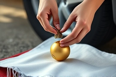 Preparing ritual items for a new car blessing.